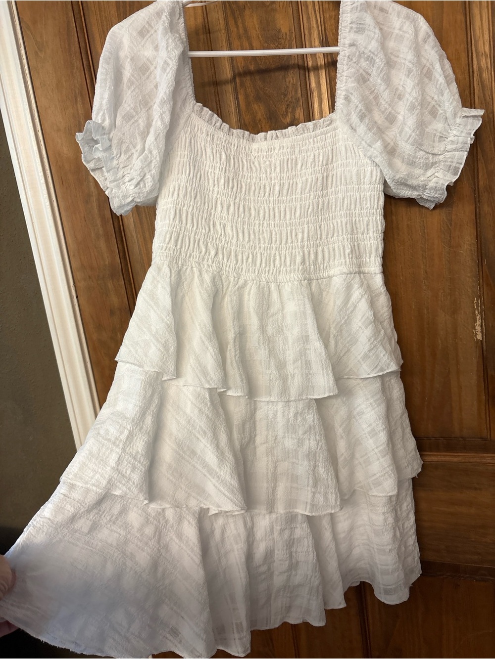 Thirty Thirty White Smocked Puff Sleeve Tiered Mini Dress Medium